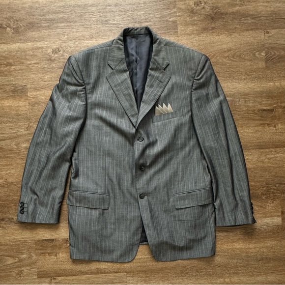 Vtg Tallia Sartoria Wool Gray with Vertical Blue Lines Size 44 - Picture 1 of 9